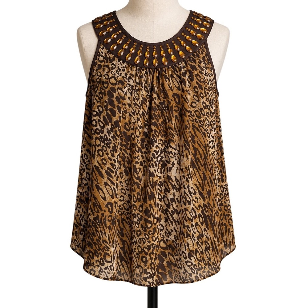 Ultra Pink Leopard Print Halter Top Beaded Jewel Neckline Brown Small